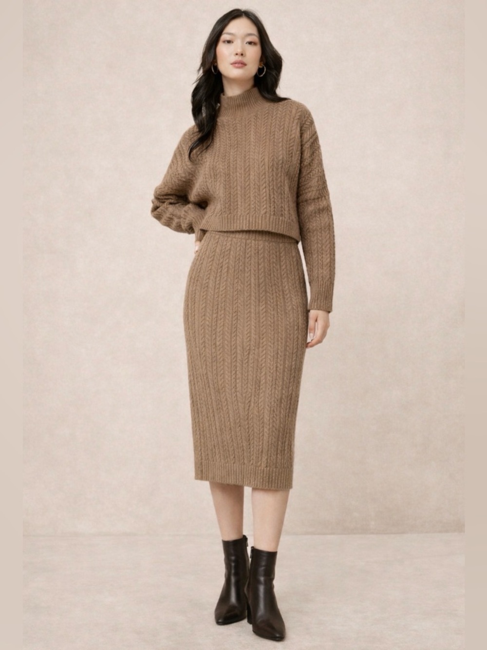 Banana Republic Cable Knit 2 piece Sweater Skirt Set | Camel Brown | Size Large